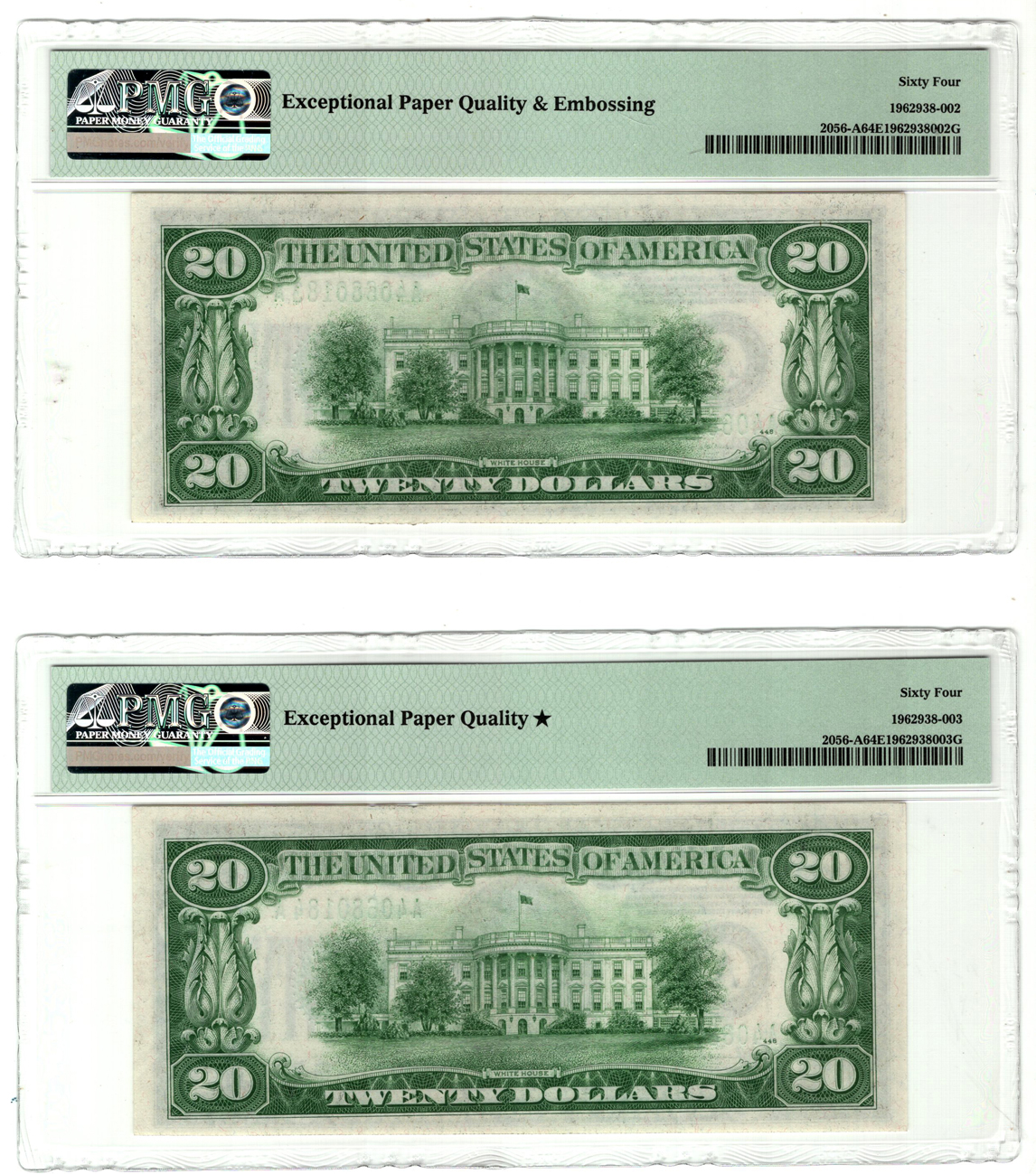 Three sequential 1934-B $20 Boston Fr# 2056-A, all PMG EPQ