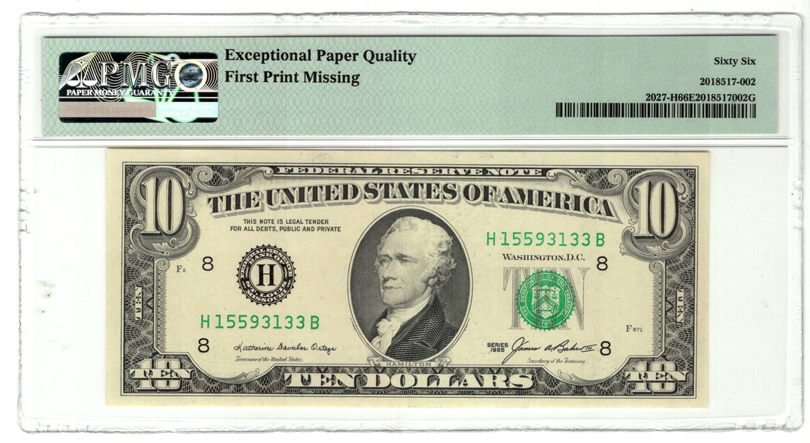 Error Currency - $10 1985 St. Louis FRN Fr# 2027-H First Print Missing - PMG GemCU-66 EPQ