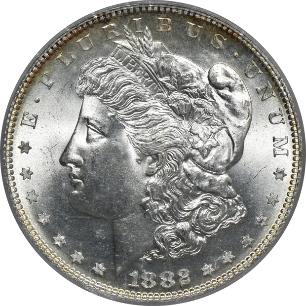 1880-S, 1882-S, and 1889, all ICG MS-65