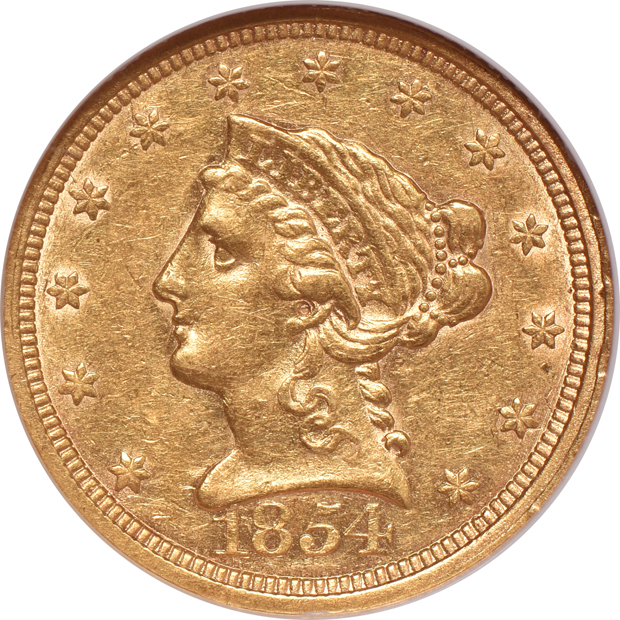 1852 NGC AU-58, 1853 ANACS AU-53, and an 1854 NGC AU-53