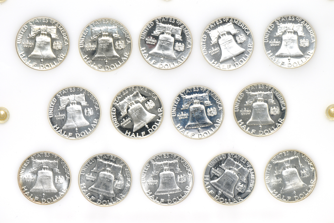 Collection of Proof Franklin half-dollars, 1950 through 1963, in a Capital Plastics holder