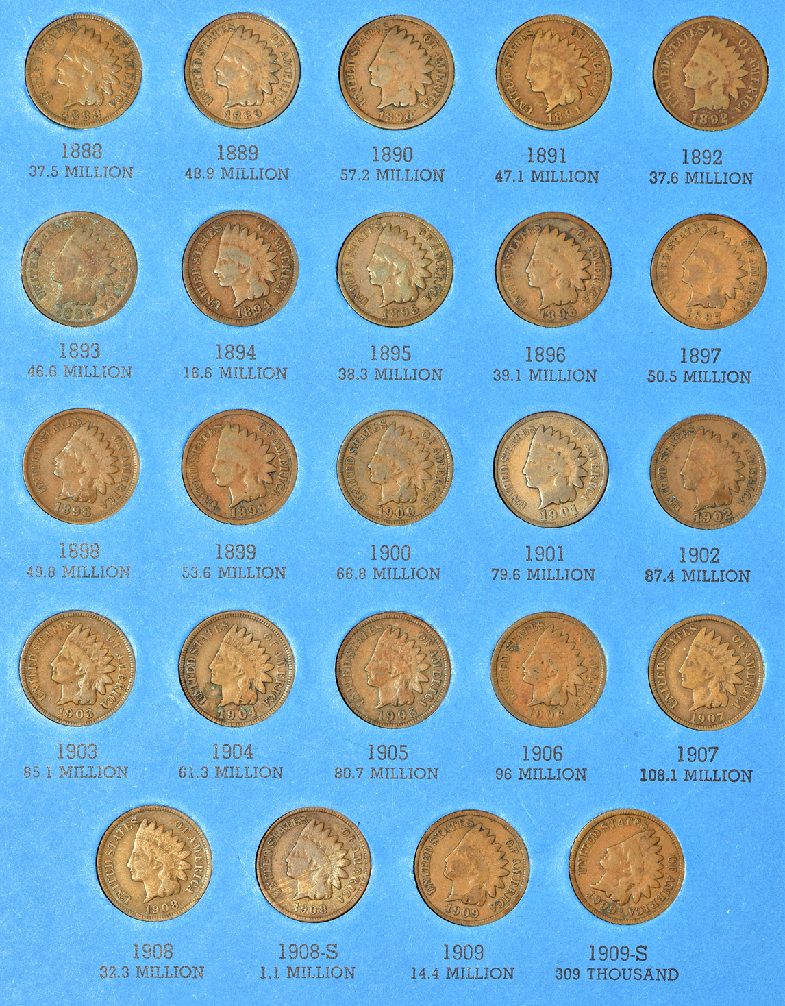 Collection of Flying Eagle and Indian cents, 1857 to 1909, in a Whitman folder