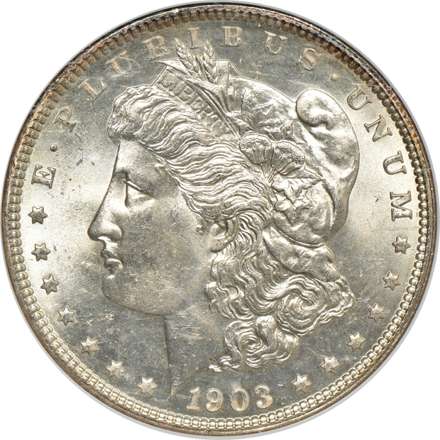 1880-S PCGS MS-66, 1885 PCGS MS-65 (rattler), and a 1903 NGC MS-65, all CAC