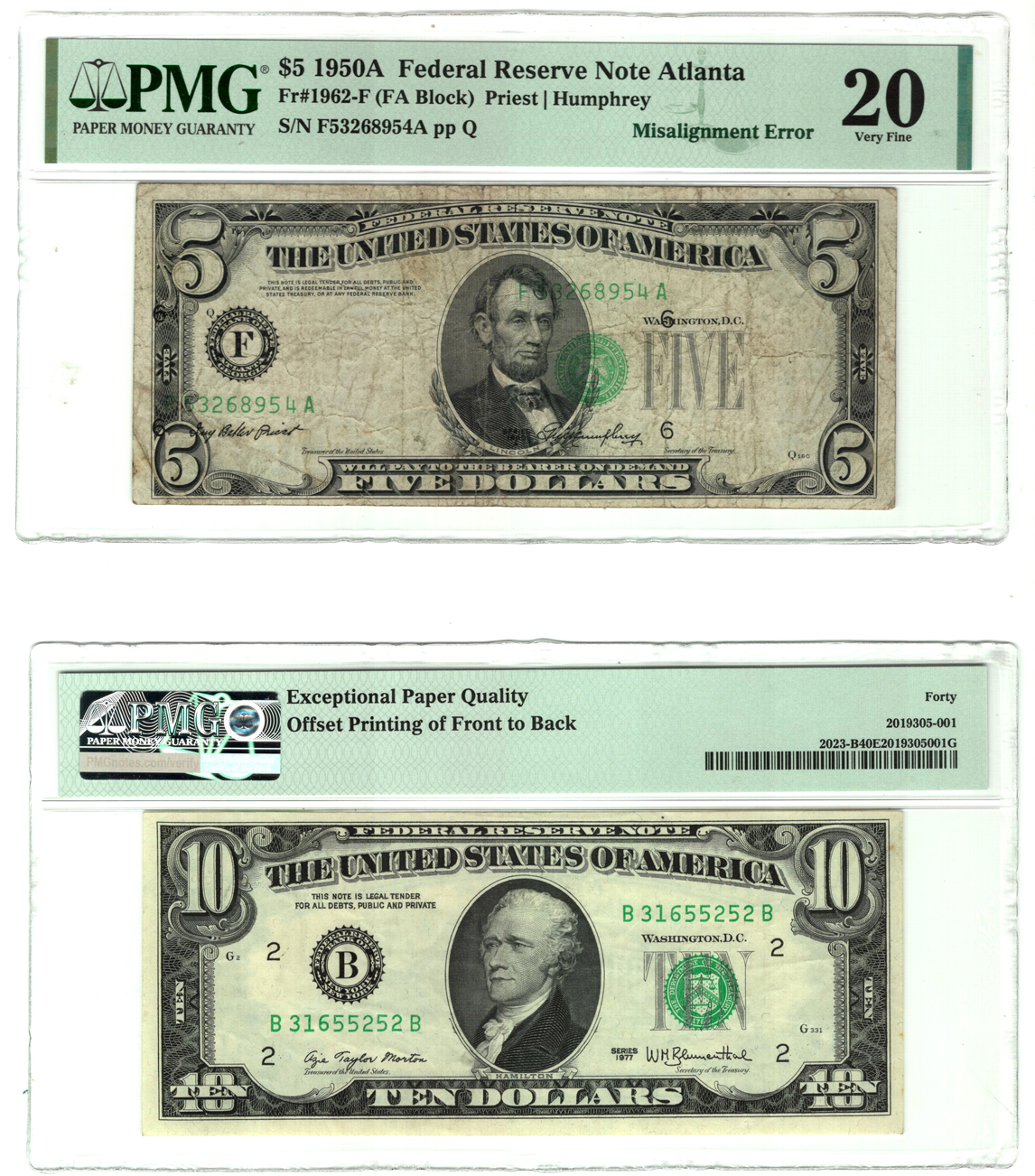 Error Currency - Four small size Federal Reserve notes certified by PMG