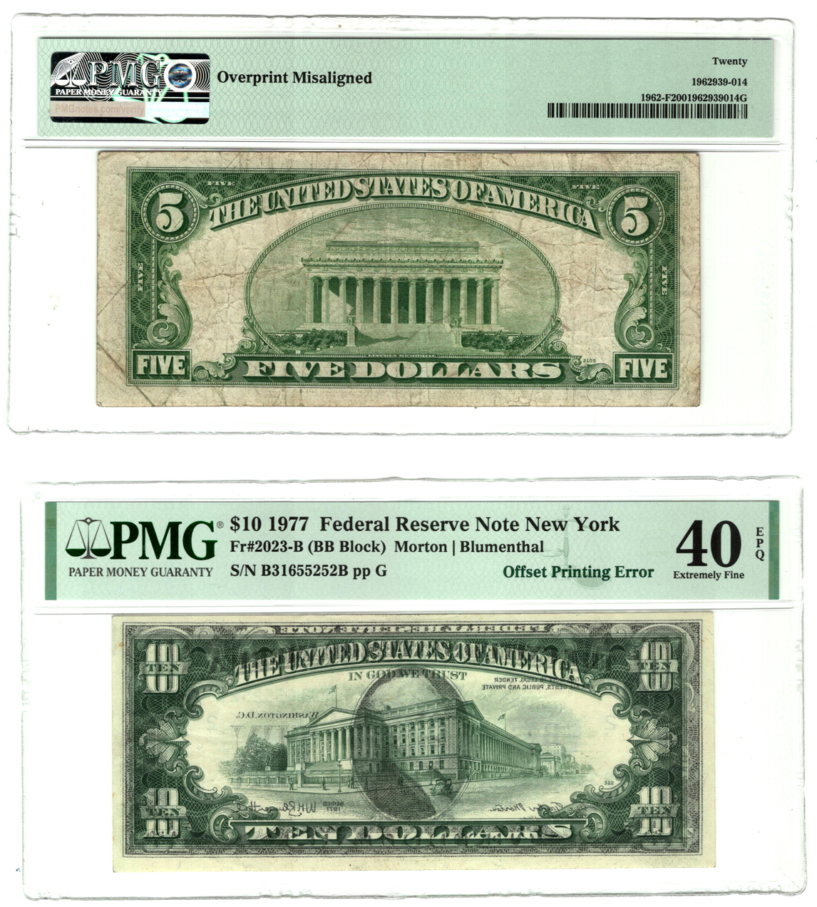 Error Currency - Four small size Federal Reserve notes certified by PMG