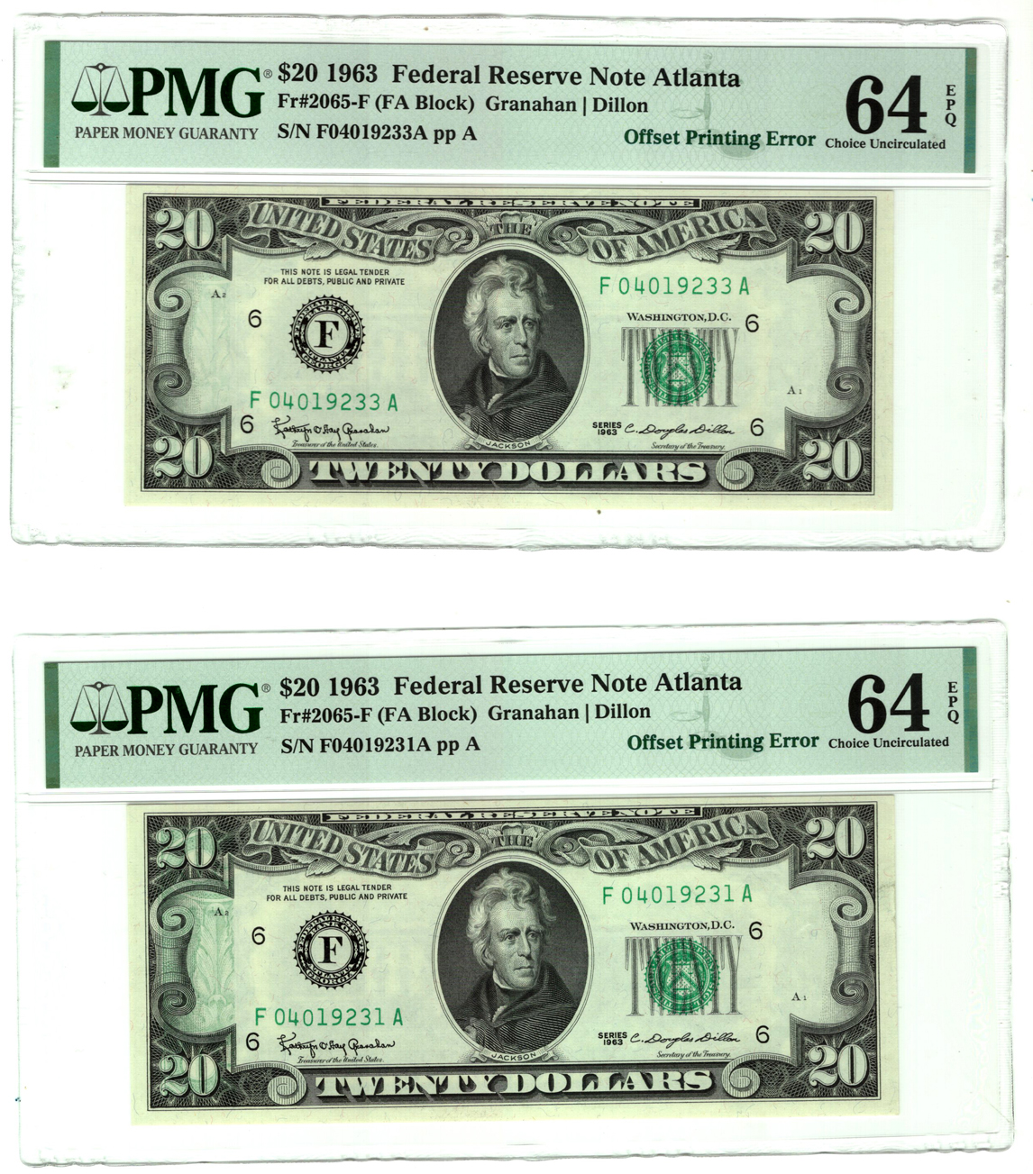 Error Currency - Four small size Federal Reserve notes certified by PMG