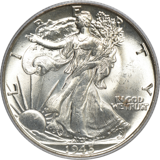 Seven Walking Liberty half-dollars, all PCGS MS-65