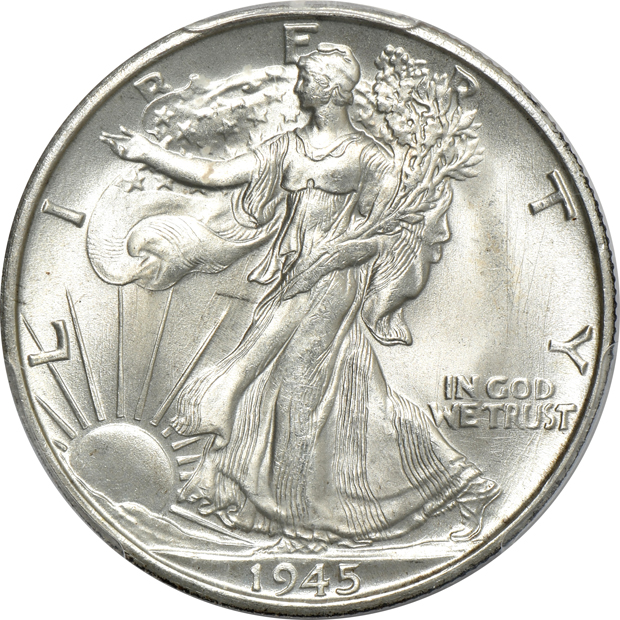Seven Walking Liberty half-dollars, all PCGS MS-65