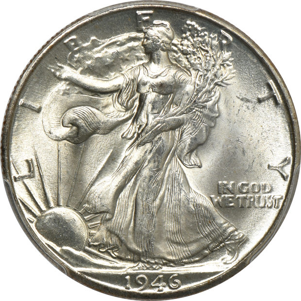 Seven Walking Liberty half-dollars, all PCGS MS-65