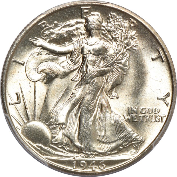 Seven Walking Liberty half-dollars, all PCGS MS-65