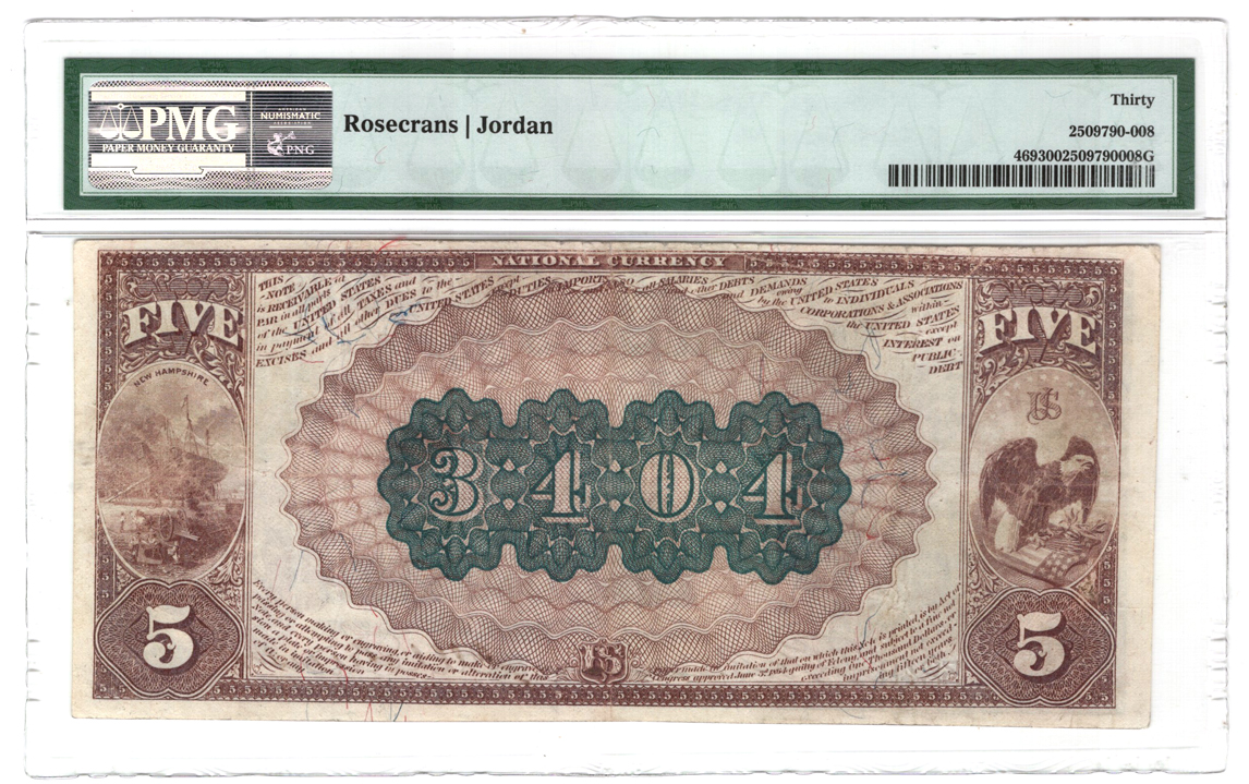 1882 $5 Brown Back - Newport, NH Charter #3404 - PMG VF-30