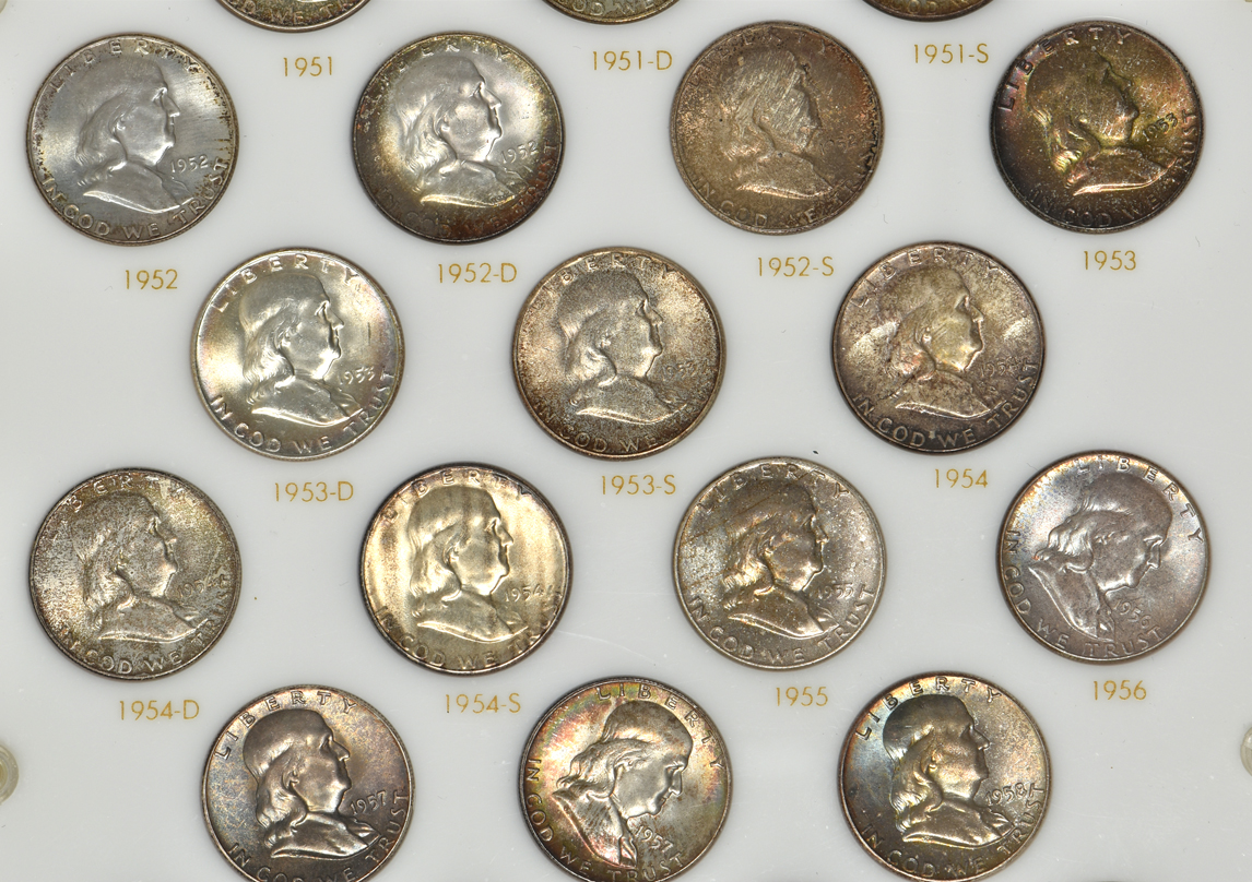 Complete collection of BU Franklin half-dollars in a Capital Plastics holder