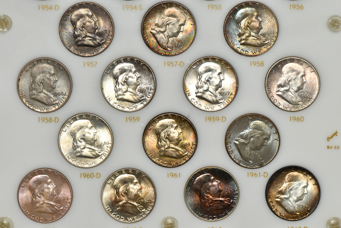 Complete collection of BU Franklin half-dollars in a Capital Plastics holder