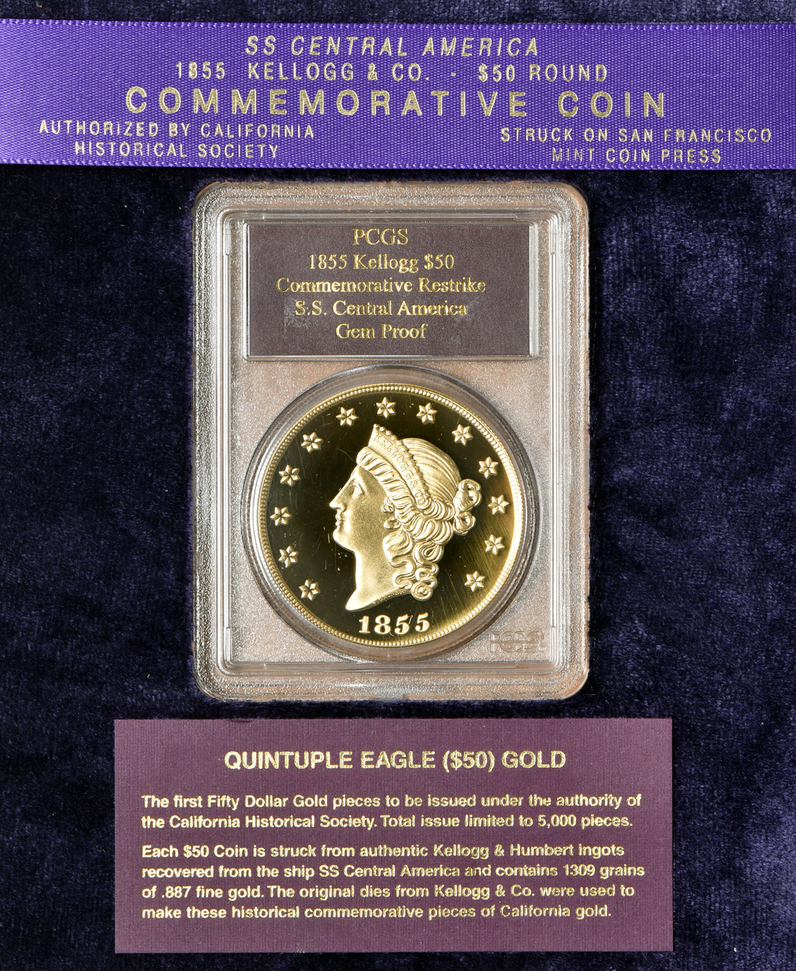 1855 Kellogg $50 commemorative restrike, S.S. Central America, PCGS Gem Proof