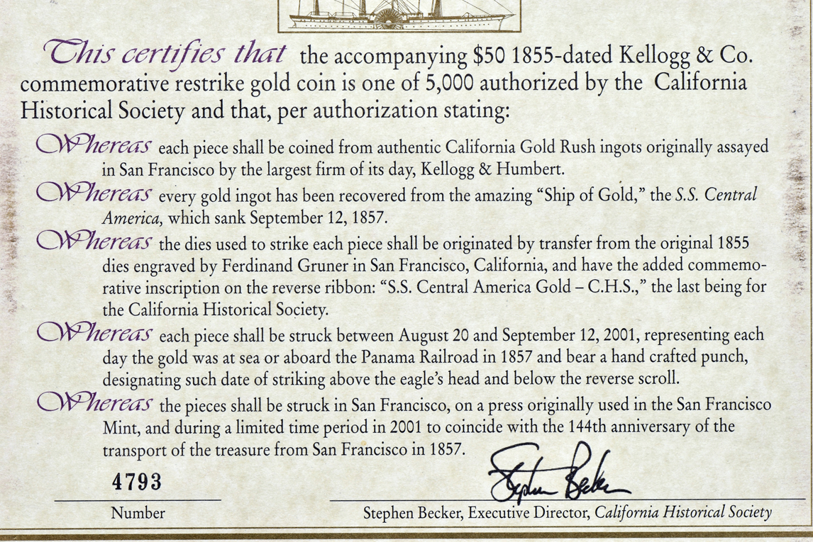 1855 Kellogg $50 commemorative restrike, S.S. Central America, PCGS Gem Proof