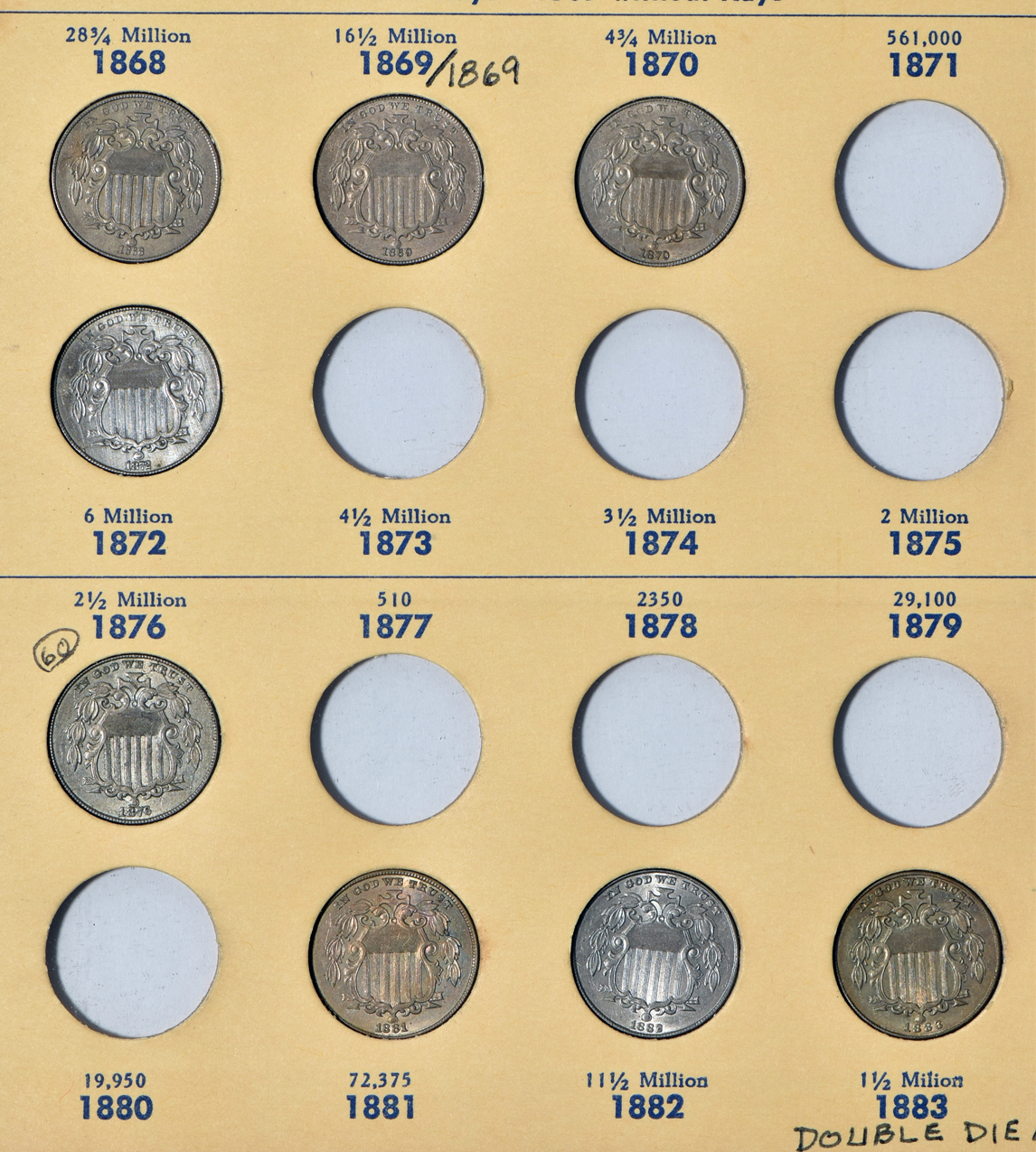Six two-cent pieces, a twenty-cent piece, five three-cent nickels, three three-cent silvers, and eight Shield nickels in a Library of Coins Vol. 35 album
