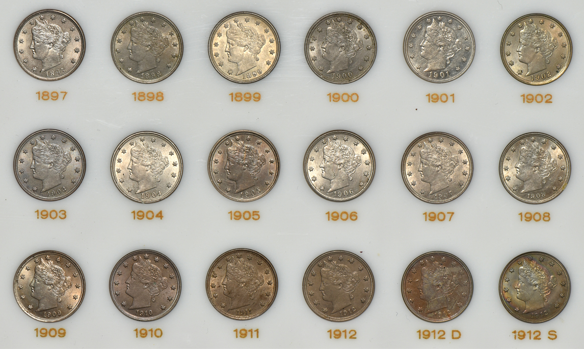 Collection of 32 different Liberty Head nickels in a Capital Plastics holder