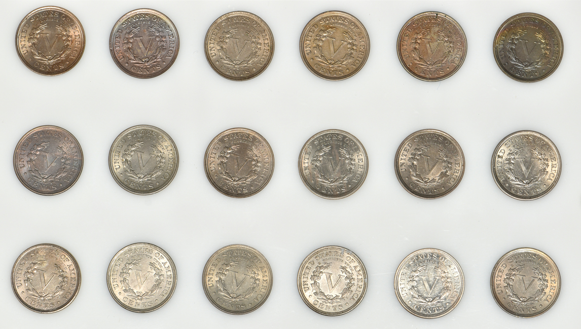 Collection of 32 different Liberty Head nickels in a Capital Plastics holder