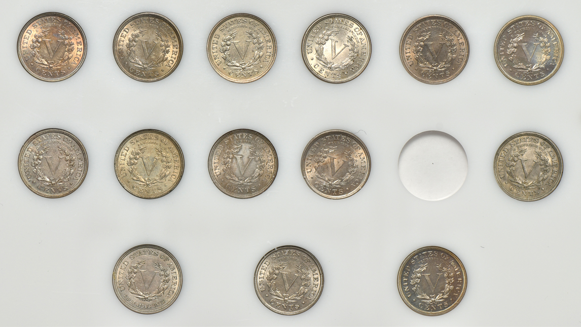 Collection of 32 different Liberty Head nickels in a Capital Plastics holder
