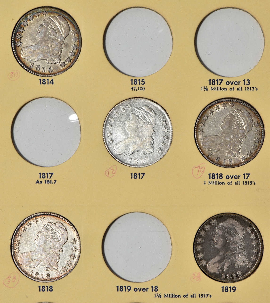 Collection of 27 different early half-dollars in a Library of Coins VOL. 45 album