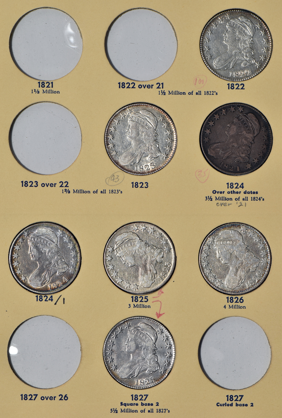 Collection of 27 different early half-dollars in a Library of Coins VOL. 45 album