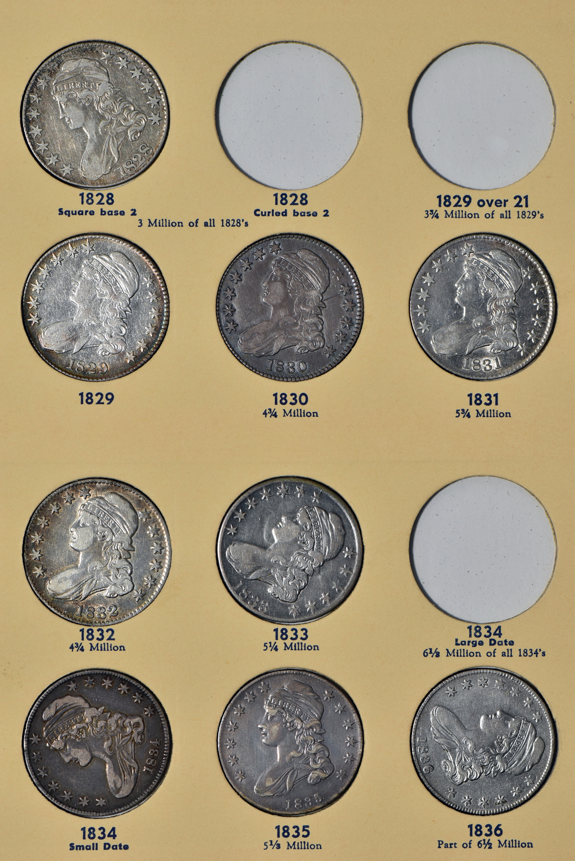 Collection of 27 different early half-dollars in a Library of Coins VOL. 45 album