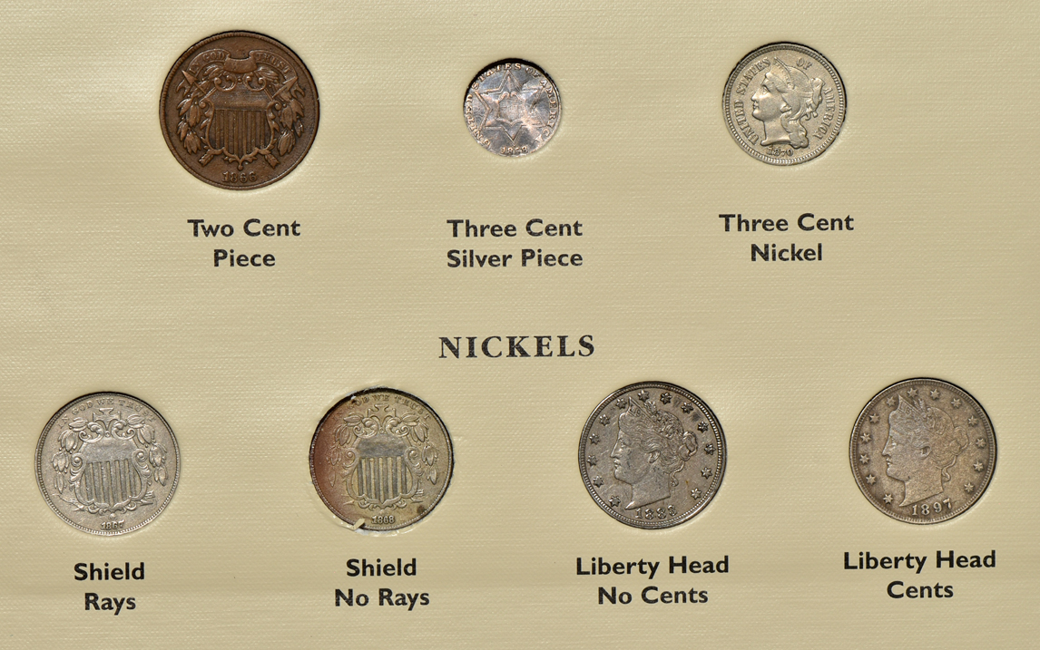 Collection of 56 different 19th century United States type coins in a Littleton album