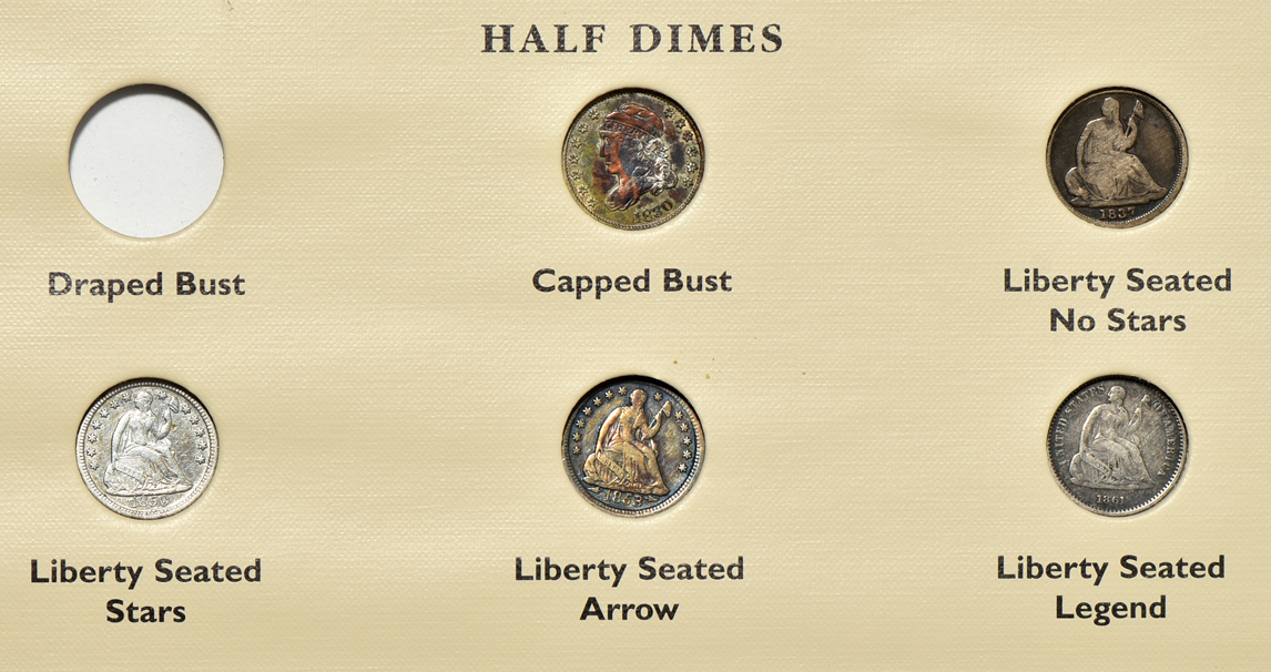 Collection of 56 different 19th century United States type coins in a Littleton album