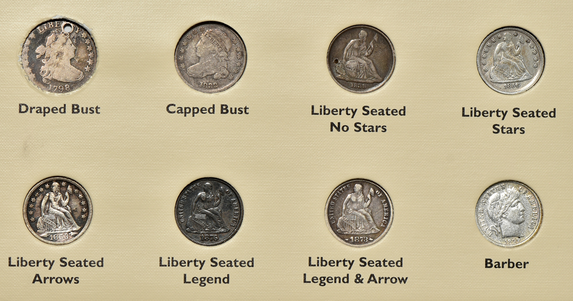 Collection of 56 different 19th century United States type coins in a Littleton album