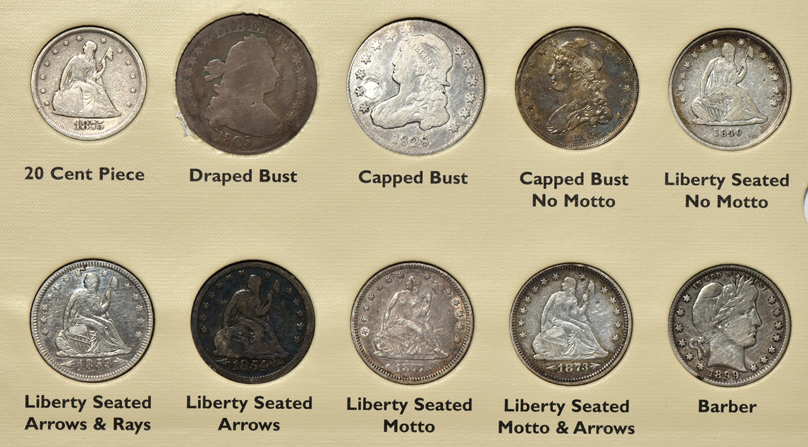 Collection of 56 different 19th century United States type coins in a Littleton album