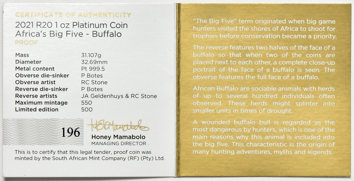 South Africa - 2021 1oz Platinum 20 rand - Africa's Big Five - Buffalo