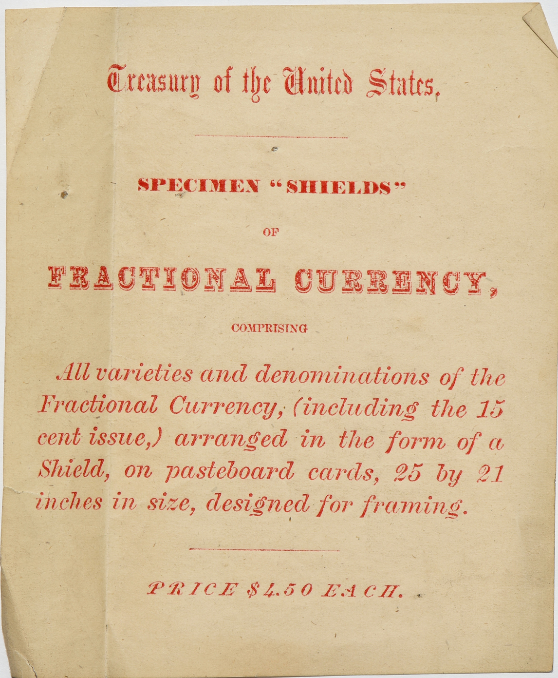 Third Issue fractional currency shield with gray background and Spinner autograph