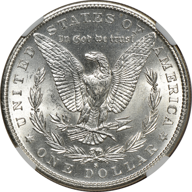 1878 7TF Reverse of 1879, 1890-S, and an 1885-S, all NGC MS-63
