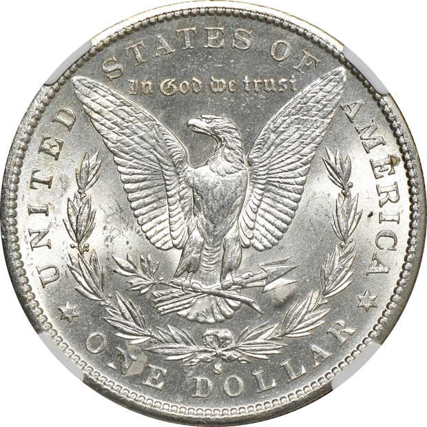 1878 7TF Reverse of 1879, 1890-S, and an 1885-S, all NGC MS-63
