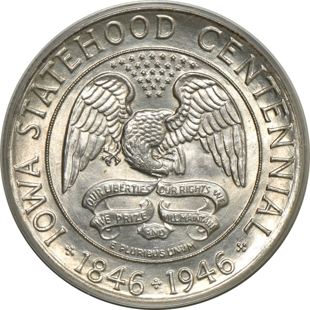 1892 Columbian MS-63, 1946 Iowa MS-65, plus a 1955 Franklin half-dollar MS-65, all PCGS (green label) GOLD CAC