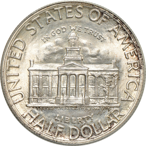 1892 Columbian MS-63, 1946 Iowa MS-65, plus a 1955 Franklin half-dollar MS-65, all PCGS (green label) GOLD CAC