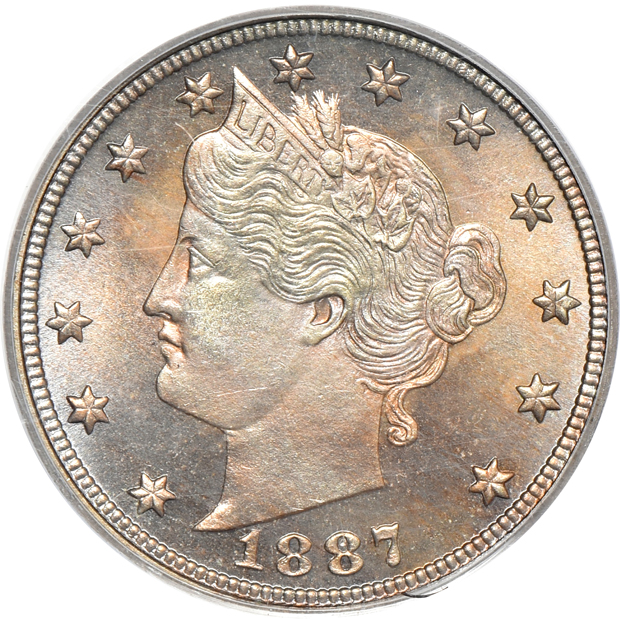 1887 Liberty nickel PF-65, and a 1958 Franklin half-dollar MS-65, both PCGS (green label) CAC