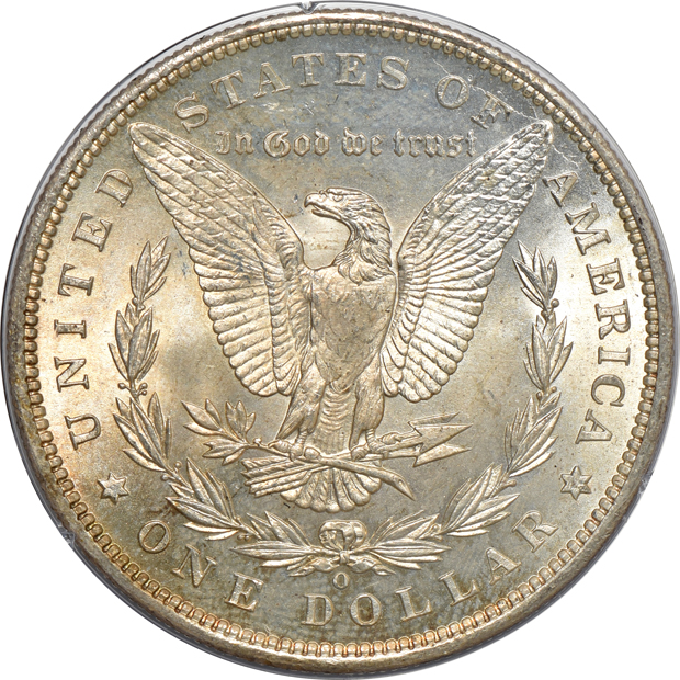 1885 MS-65, 1899-O MS-65, and a 1902 MS-63, all PCGS (rattler) CAC