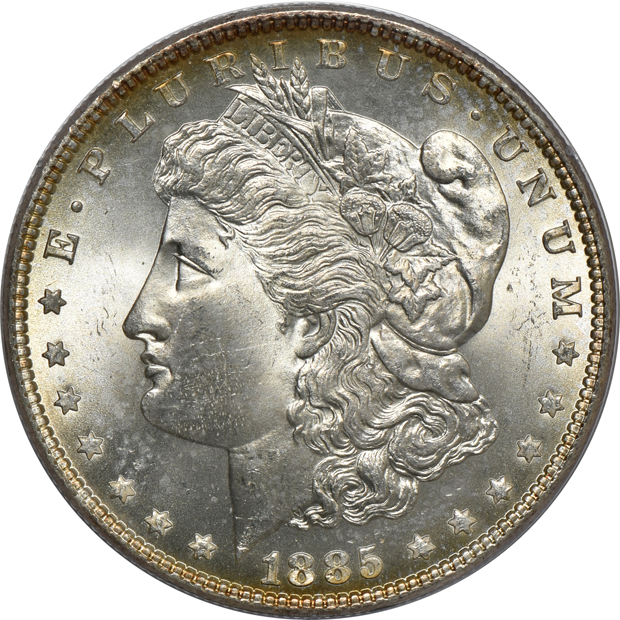 1885 MS-65, 1899-O MS-65, and a 1902 MS-63, all PCGS (rattler) CAC