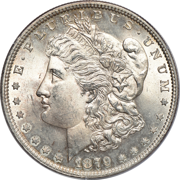 Four Morgan silver dollars, all PCGS MS-64 (rattler)