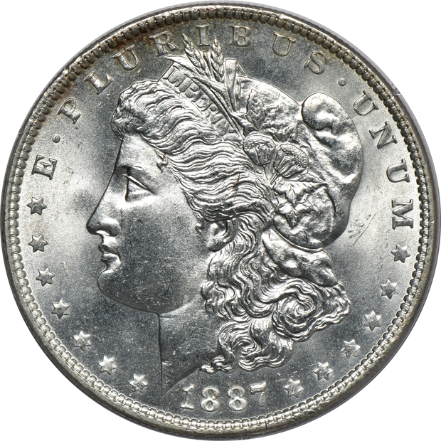 Four Morgan silver dollars, all PCGS MS-64 (rattler)