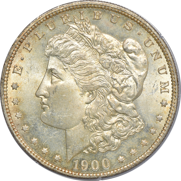Four Morgan silver dollars, all PCGS MS-64 (rattler)