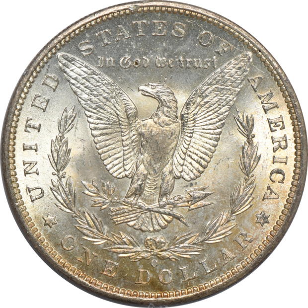 Two Morgan silver dollars and two Peace silver dollars, all PCGS (rattler)