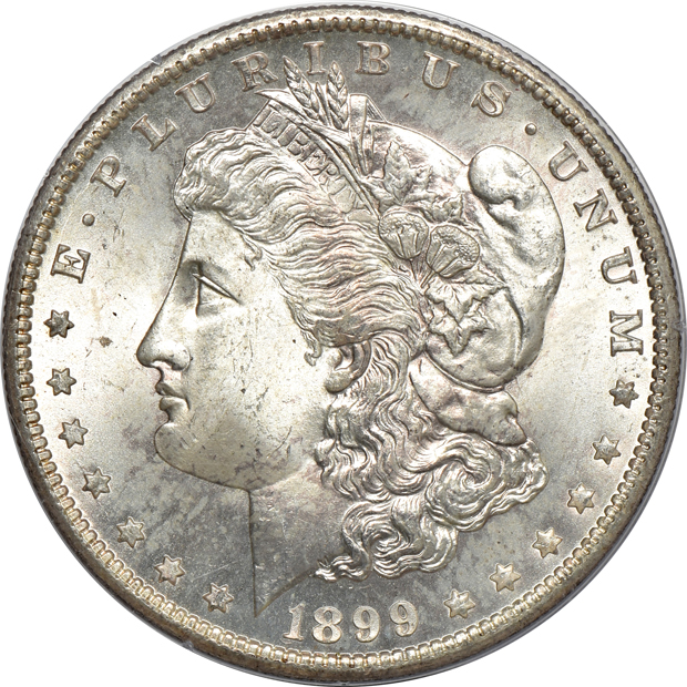 Two Morgan silver dollars and two Peace silver dollars, all PCGS (rattler)