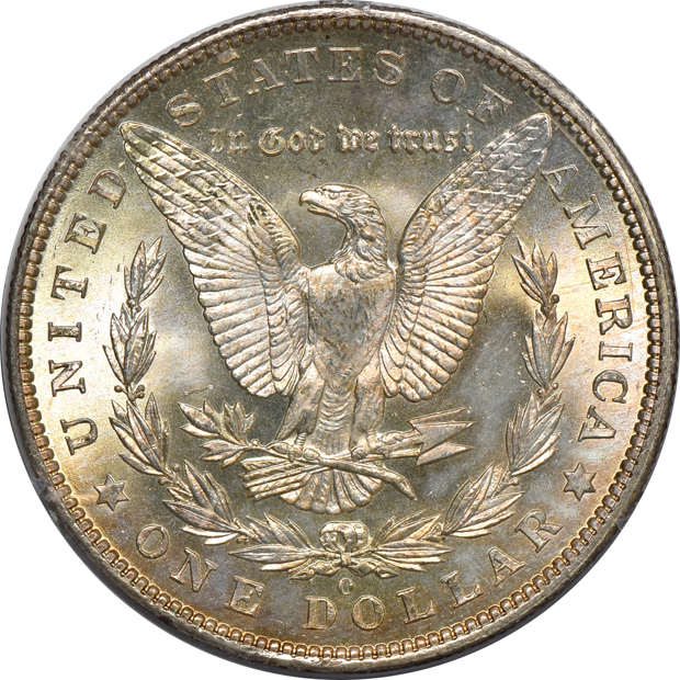 Five Morgan silver dollars, all PCGS MS-64 (rattler) CAC