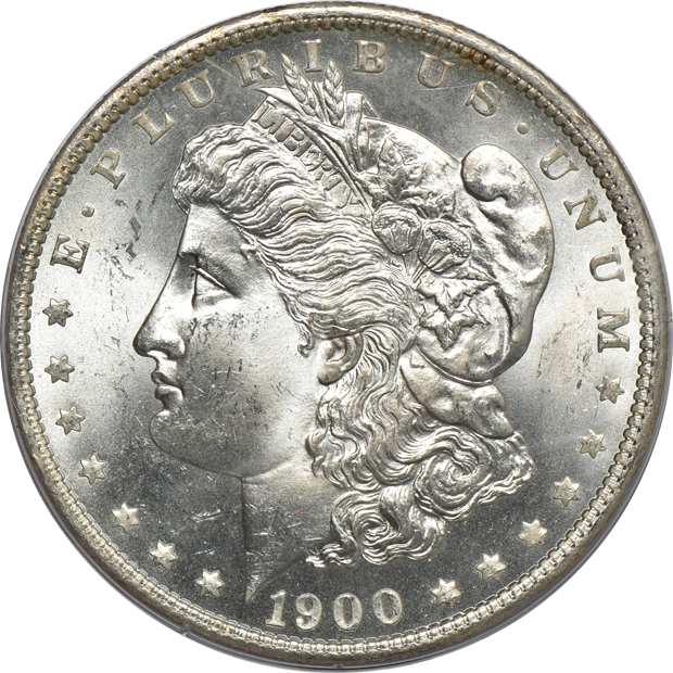 Five Morgan silver dollars, all PCGS MS-64 (rattler) CAC