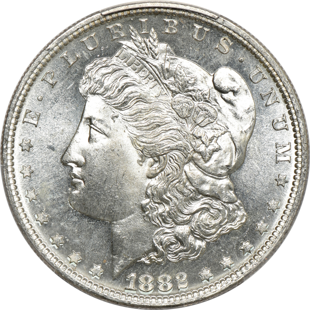 1882-S MS-63, 1882-S MS-65, and an 1887 MS-66, all PCGS CAC