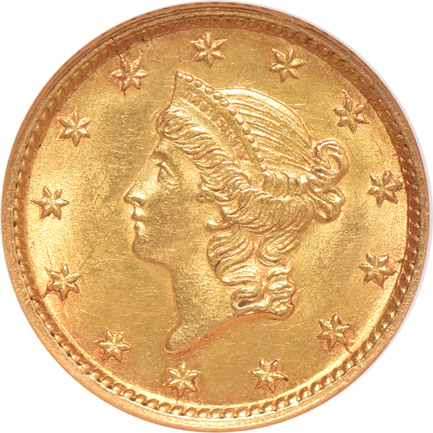 1854 Type 1 gold dollar MS-62 CAC, 1910 Indian quarter-eagle MS-61, and a 1915 Indian half-eagle MS-62, all NGC