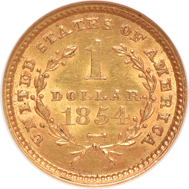 1854 Type 1 gold dollar MS-62 CAC, 1910 Indian quarter-eagle MS-61, and a 1915 Indian half-eagle MS-62, all NGC