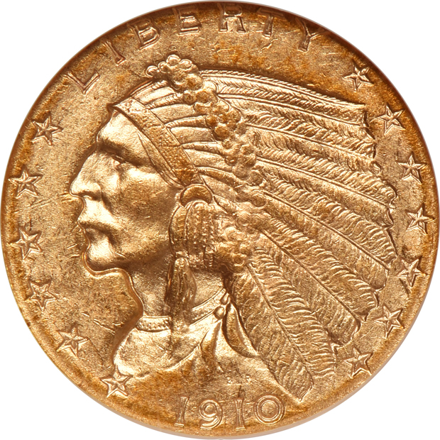 1854 Type 1 gold dollar MS-62 CAC, 1910 Indian quarter-eagle MS-61, and a 1915 Indian half-eagle MS-62, all NGC